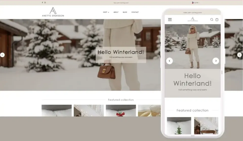 Desktop and phone views of the Anette Eriksson online store home page: a winter hero banner reading "Hello Winterland!" with a woman in a cream sweater holding a brown handbag, above a "Featured collection" row.
