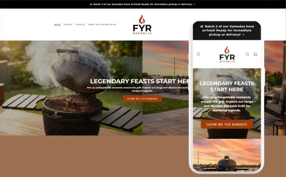 Desktop and phone views of the FYR Republic store home page: a kamado grill with smoke on a backyard deck under the headline "Legendary feasts start here" and a "Show me the Kamado" button.