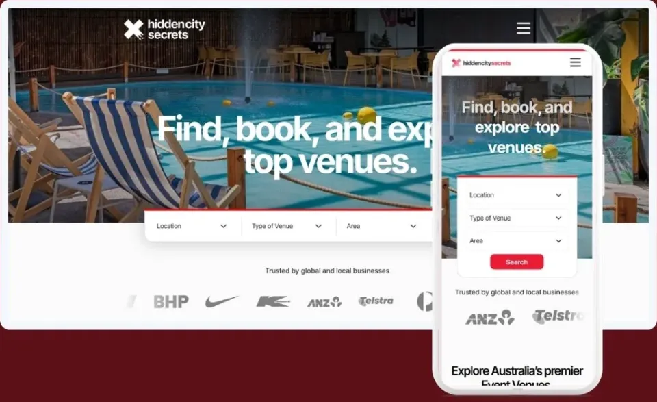 Desktop and phone views of the Hidden City Secrets venue website: a poolside venue photo headed "Find, book, and explore top venues." above Location, Type of Venue and Area search fields.