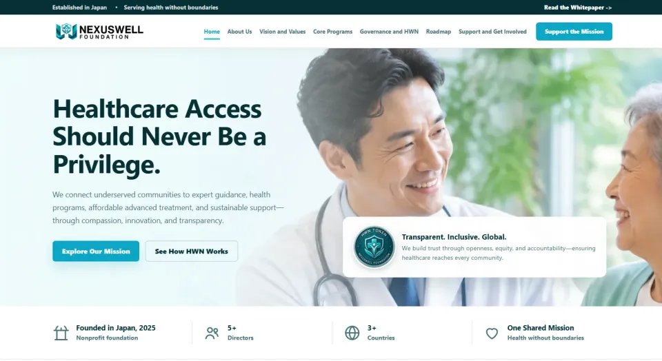 Home page of the Nexuswell Foundation website: a smiling doctor with a patient beside the headline "Healthcare Access Should Never Be a Privilege.", with "Explore Our Mission" and "See How HWN Works" buttons.